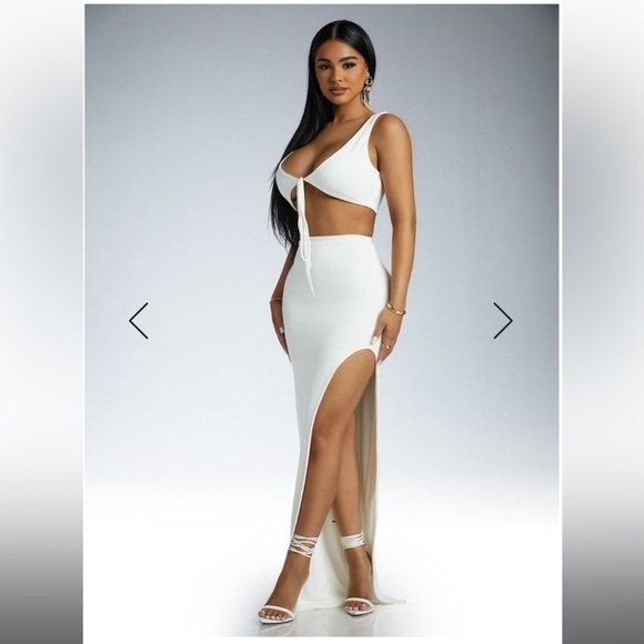 NAKED WARDROBE White High Rise Fitted Maxi Skirt w/ Rounded Slit DoubleLined - Picture 3 of 7